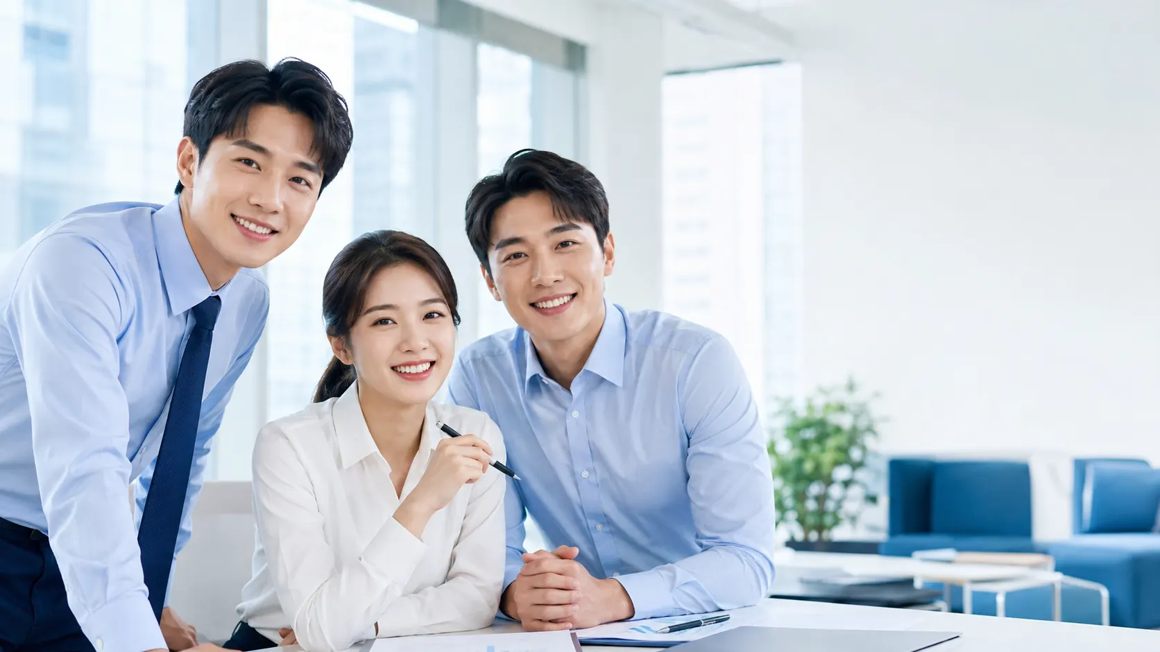 밝은 사무실에서 미소 짓고 있는 금융 상담원 세 명